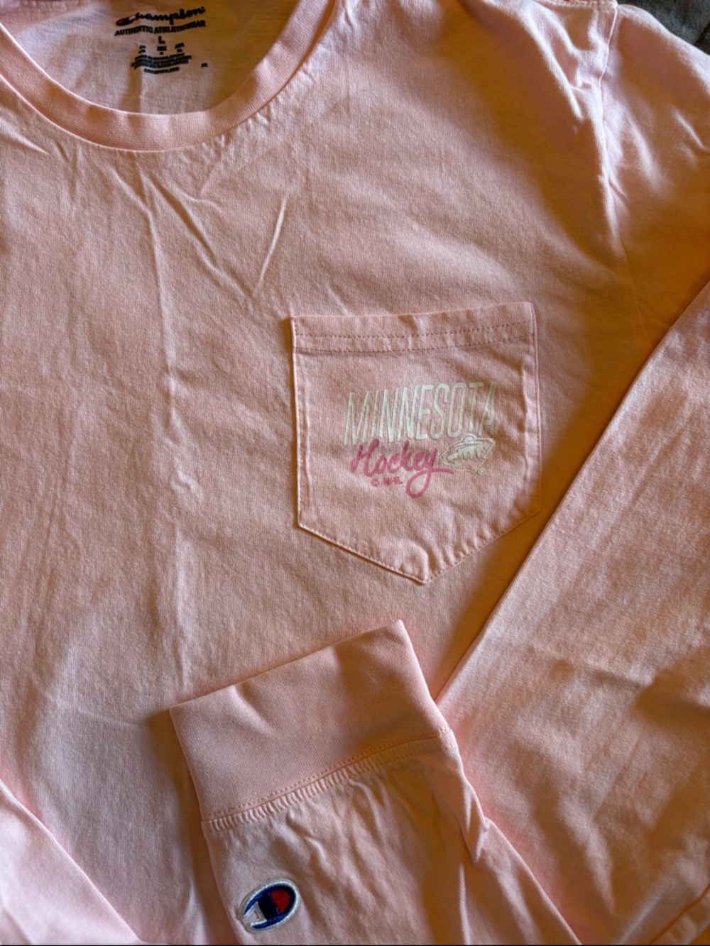 Champion Light Pink Long Sleeve Pocket Tee with Minnesota Hockey Chest Print